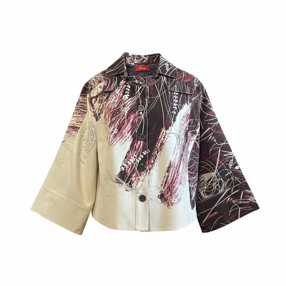 Brioni Denim Jacket Womens Large/48 Multi Cropped Abstract Cotton Linen Italy